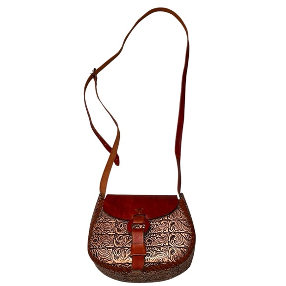 Hand Tooled Brown Leather Saddlebag Crossbody Purse